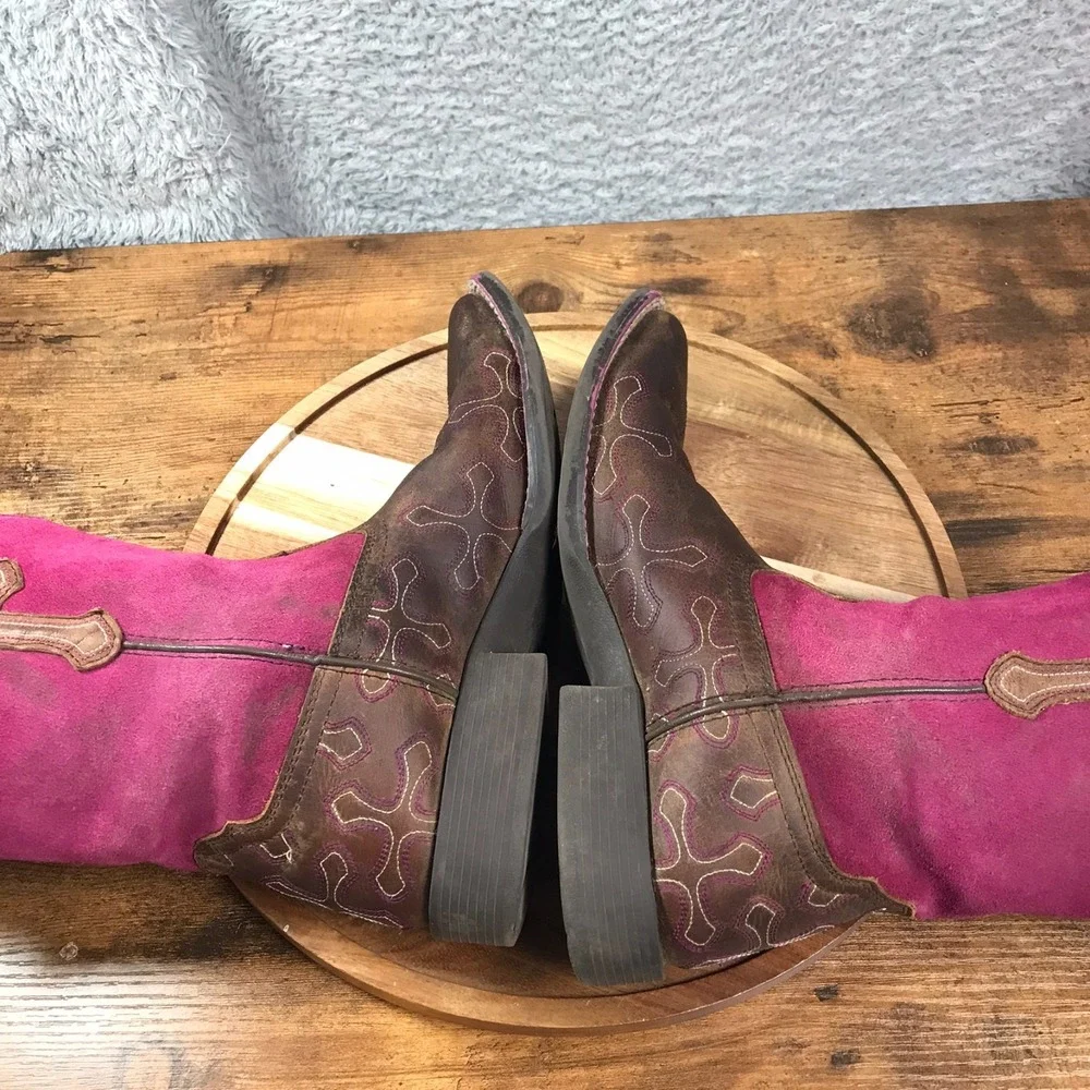 Ariat Crossroads Boots Girls 5.5 Womens 7 Fuschia Suede Cross Embellish Cowgirl